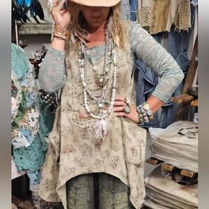 A Rare Bird Royalty Crown Women's Linen Tunic Top Floral and Rhinestone Accents